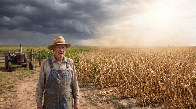 Senior farmer in overalls and straw hat standing in front of contrasting fields of green corn and dry brown corn under a stormy sky