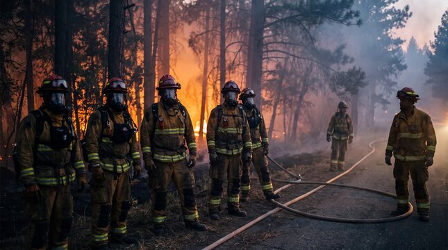 Team of firefighters wearing safety gear and masks standing by hoses during a massive raging forest fire