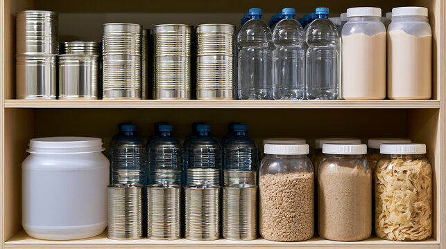 Organized pantry shelves with variety of non-perishable food items, bottles of water, and canned goods, prepared for long-term storage