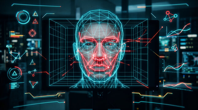 Biometric Facial Recognition System and AI Digital Mesh HUD Screen for Identity Verification and Security Cyber Tech bac