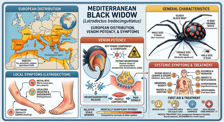 Naklejka premium Mediterranean black widow spider information on distribution, venom, and symptoms