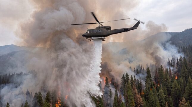 Aerial firefighting helicopter dropping water on raging forest fire amidst heavy smoke and climate change