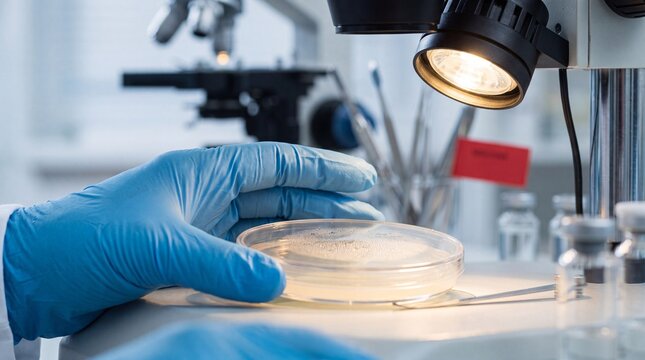 Scientist hand in blue glove holding petri dish under microscope in laboratory for biology research and analysis