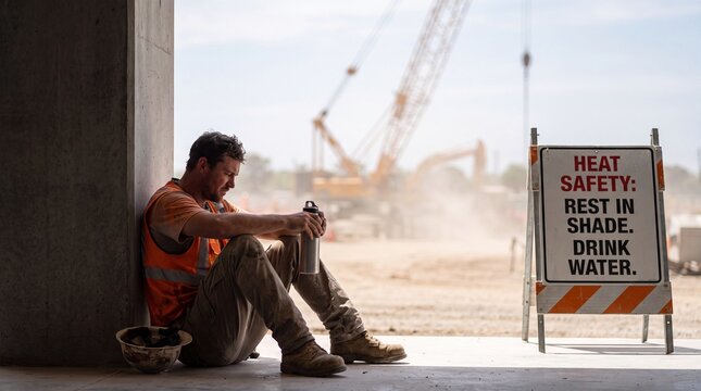 Tired construction worker resting in the shade with a water bottle near a heat safety sign at a building site