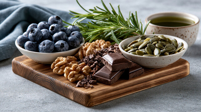 Brain health snack board with blueberries walnuts dark chocolate rosemary green tea and pumpkin seeds for cognitive wellness