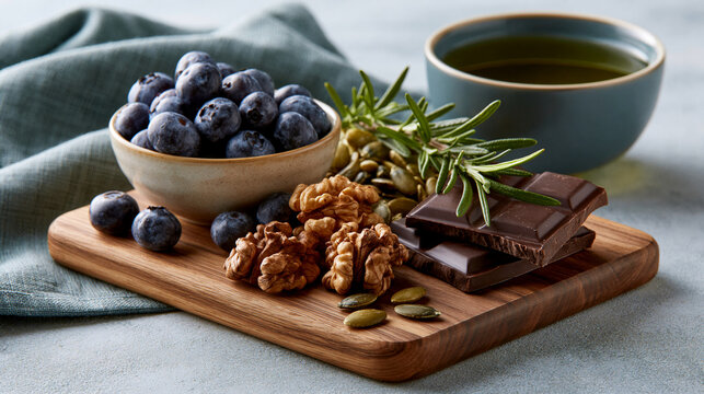 Brain health snack board with blueberries walnuts dark chocolate rosemary green tea and pumpkin seeds for cognitive wellness