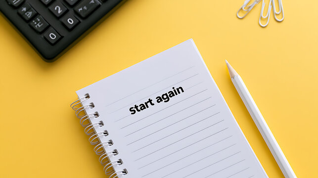 Minimalist yellow desk with a notebook, pencil, calculator, and paper clips, conveying a fresh start and new plans