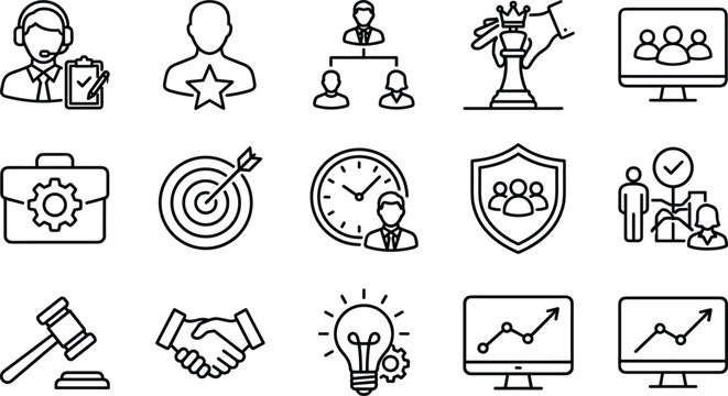 Corporate business management strategic leadership human resources and team growth performance linear icons set
