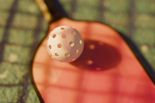 Close-up of a white pickleball resting on a pink paddle. Shot on a sunny court with warm golden hour light and grid shadows. Ideal for sports and fitness themes.