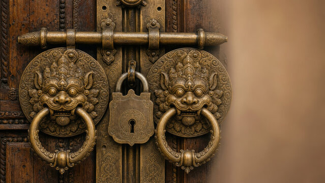 Antique brass door knocker with lion head motifs and a heavy padlock on a dark generated using ai