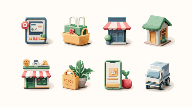 Pixel Art Collection Of E commerce And Retail Icons Including A Smartphone Store And Delivery Truck