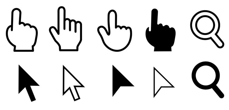 Simple Mouse Cursor and Hand Pointer Icon Set (Monochrome Arrow, Clicking Finger, and Magnifying Glass Search Variations for Web, App, and UI Design Vector Material)