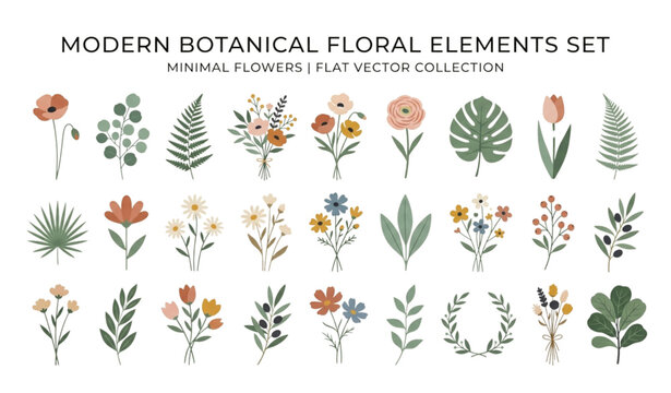 Create a premium minimal flat vector collection featuring 36 unique floral flowers arranged in a clean grid on a solid white background. Include elegant wildflowers, daisies, tulips, roses, peonies, l