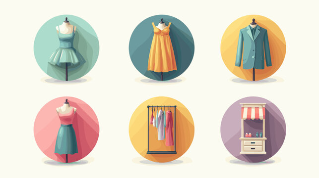 Pixel Art Fashion Icons Set Featuring Dresses Coats and Clothing Rack Isolated