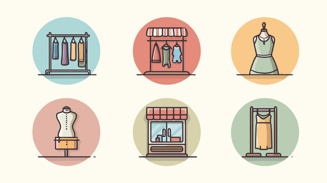 Pixel Art Fashion Icons Clothing Racks Mannequins And Storefronts In Pastel Circles On Beige