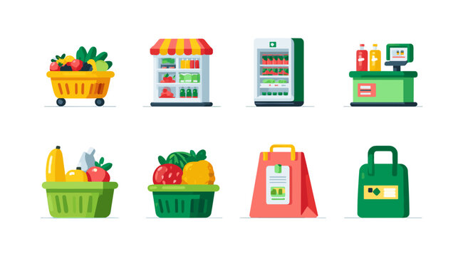 Pixel Art Grocery Store Elements Featuring Shopping Cart Produce Baskets Refrigerator Checkout