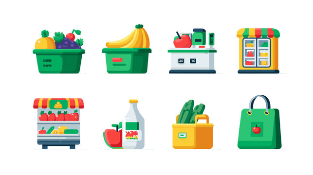 Pixel Art Grocery Items And Produce Stalls In Bright Colors