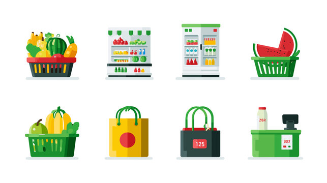 Pixel Art Grocery Store Icons Featuring Fresh Produce and Shopping Essentials on White Background