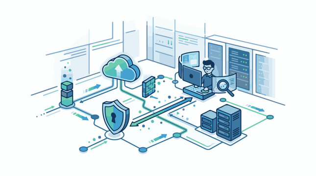 A man working on computer with cloud shield and server icons around
