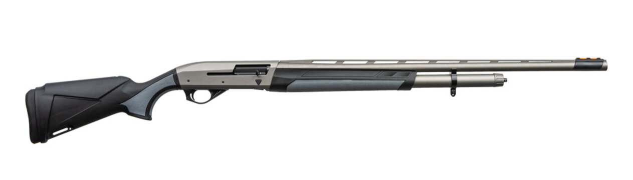 Modern semi-automatic shotgun with grey and black finish isolated on white back