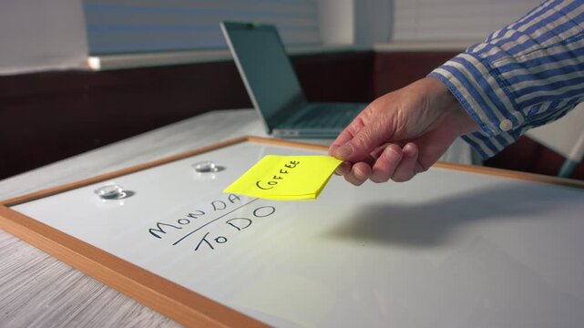 Worker puts coffee reminder note on Monday morning schedule whiteboard