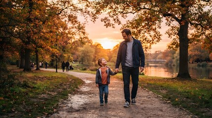 Obraz premium Father and young son walking hand in hand in autumn park at sunset