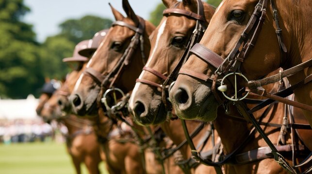 Line of Elegant Polo Horses Ready for Action