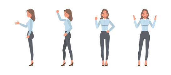 Obraz premium Businesswoman wearing blue shirt character vector illustration design set in various posing gestures. Woman working in office.