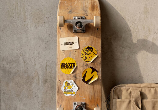 Sticker Set Mockup on Skateboard Deck