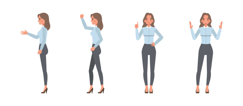 Businesswoman wearing blue shirt character vector illustration design set in various posing gestures. Woman working in office.