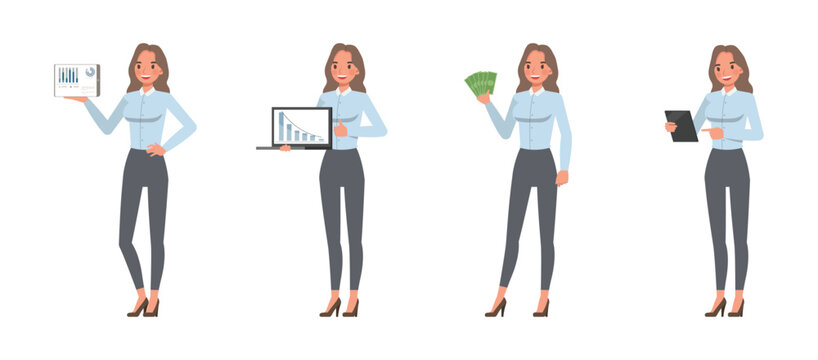 Businesswoman wearing blue shirt character vector illustration design set presenting financial data and using digital devices. Woman working in office.