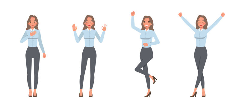 Businesswoman wearing blue shirt character vector illustration design set showing positive gestures and celebrating success. Woman working in office.