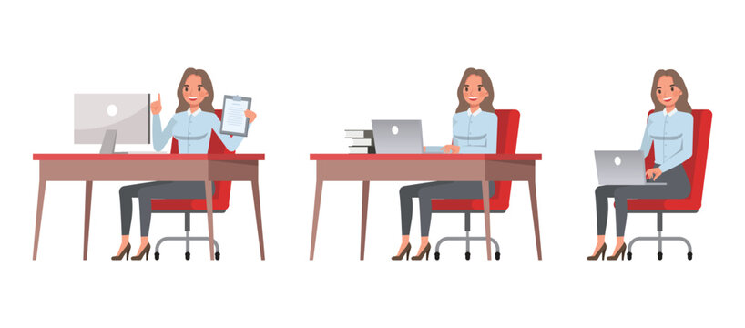 Businesswoman wearing blue shirt character vector illustration design set working at desk with computer and documents. Woman working in office.