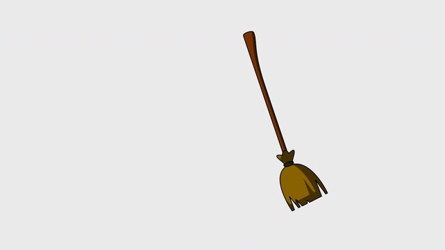 Animated Halloween Witch Broomstick Floating on White Background, Spooky Magic Broom Seamless Loop 4K 60fps Video Animation Element