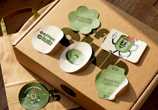 Sticker Set Mockup on Kraft Paper Gift Box