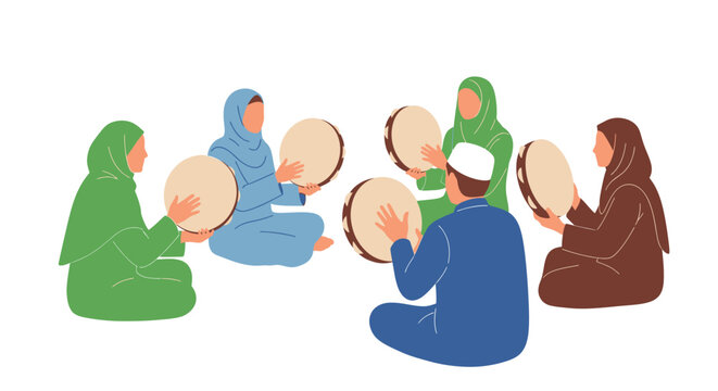 Muslim women and man playing daf drums in a circle, cultural celebration