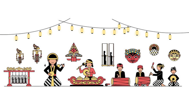 Indonesian Traditional Music Ensemble: Gamelan, Wayang, Masks, and Festive Lights