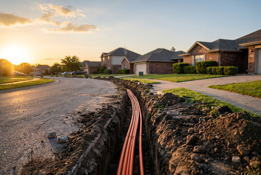 Orange fiber optic cable ducts laid in an open trench along a suburban road