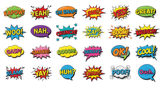 Colorful comic speech bubbles with onomatopoeia words vector set