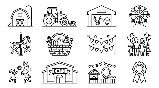 Set of outline icons representing a county fair or agricultural exhibition.