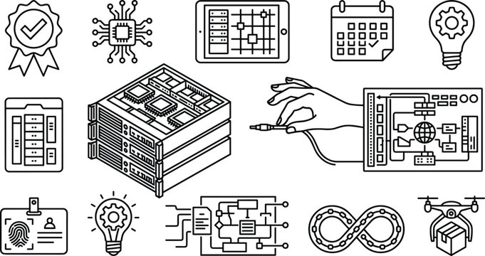 Computer hardware data center network and cloud computing line icons set for system administration