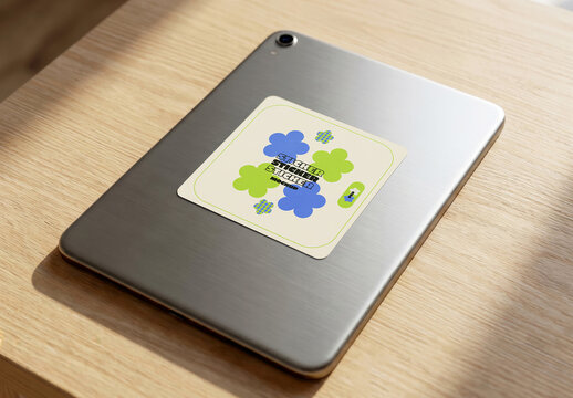 Square Sticker Mockup on Tablet Back