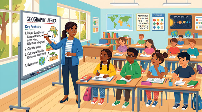 A diverse group of enthusiastic elementary students engaged in an interactive geography classroom lesson about Africa with their dedicated teacher
