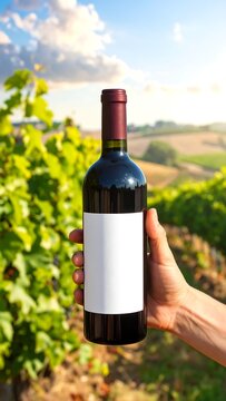Wine Bottle in Vineyard.
