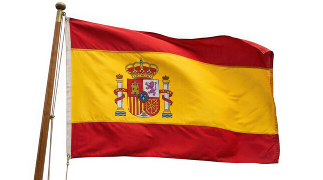 Flag of spain waving on a wooden flagpole isolated on transparent background