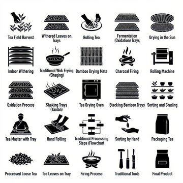 Traditional tea production process icons set