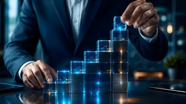 Successful financial manager constructing an ascending glowing digital cube staircase illustrating futuristic business growth metrics continuous performance improvement and profitability