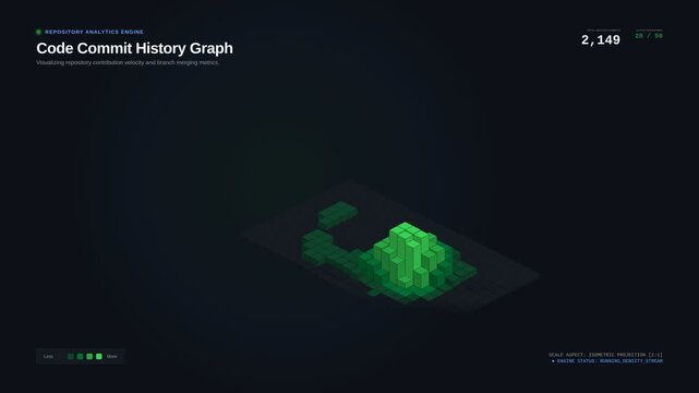 Animated 3d code commit history graph visualizing software development progress, repository contribution velocity, branch merging metrics, for project management, teamwork, data analytics