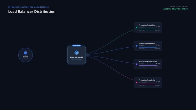 Digital load balancer distribution interface for network traffic flow node server management, for system architecture, high availability, cloud computing, data processing, efficiency
