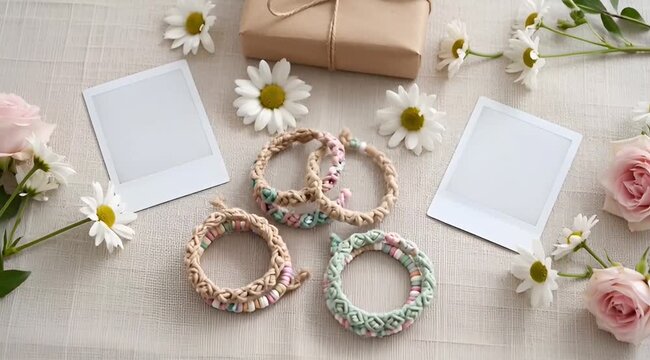 Handcrafted macrame bracelets arranged with polaroid frames and fresh spring flowers in this beautiful overhead motion animation clip displaying artistic handmade jewelry designs on a clean textured 